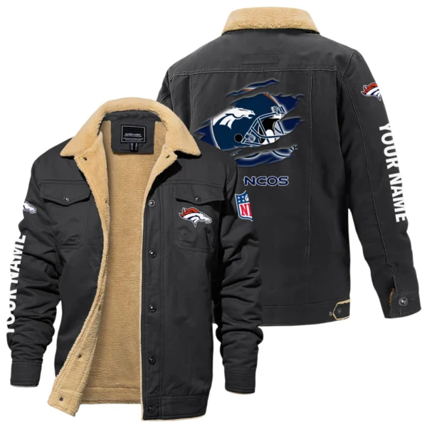 Denver Broncos Fleece Lined Thick Jacket With Fur Lapel Collar Custom Name