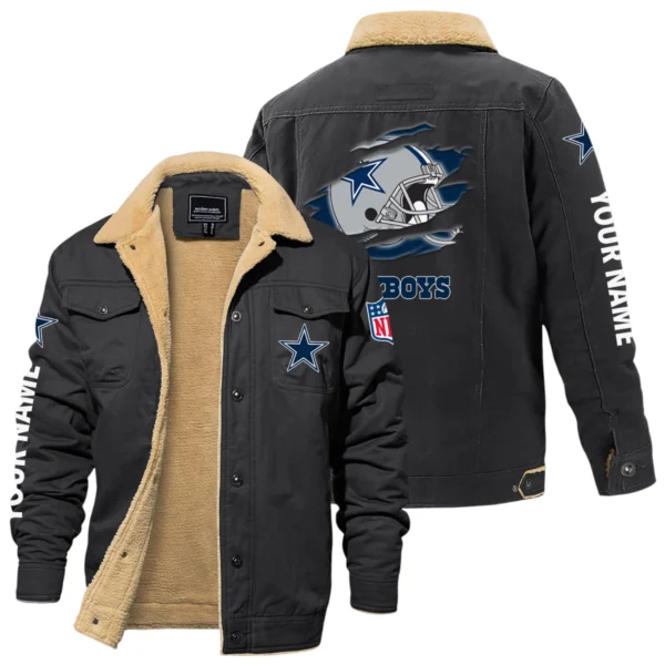 Dallas Cowboys Fleece Lined Thick Jacket With Fur Lapel Collar Custom Name
