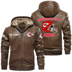 Kansas City Chiefs PU Leather Hooded Jacket Soft Velvet Lined Jacket Custom Name