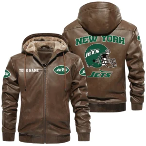 New York Jets PU Leather Hooded Jacket Soft Velvet Lined Jacket Custom Name