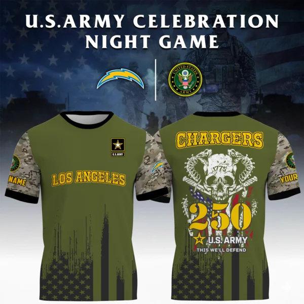 Los Angeles Chargers x U.S. Army 250th Celebration Night Game 3D T-Shirt Limited 2026 Custom Your Name