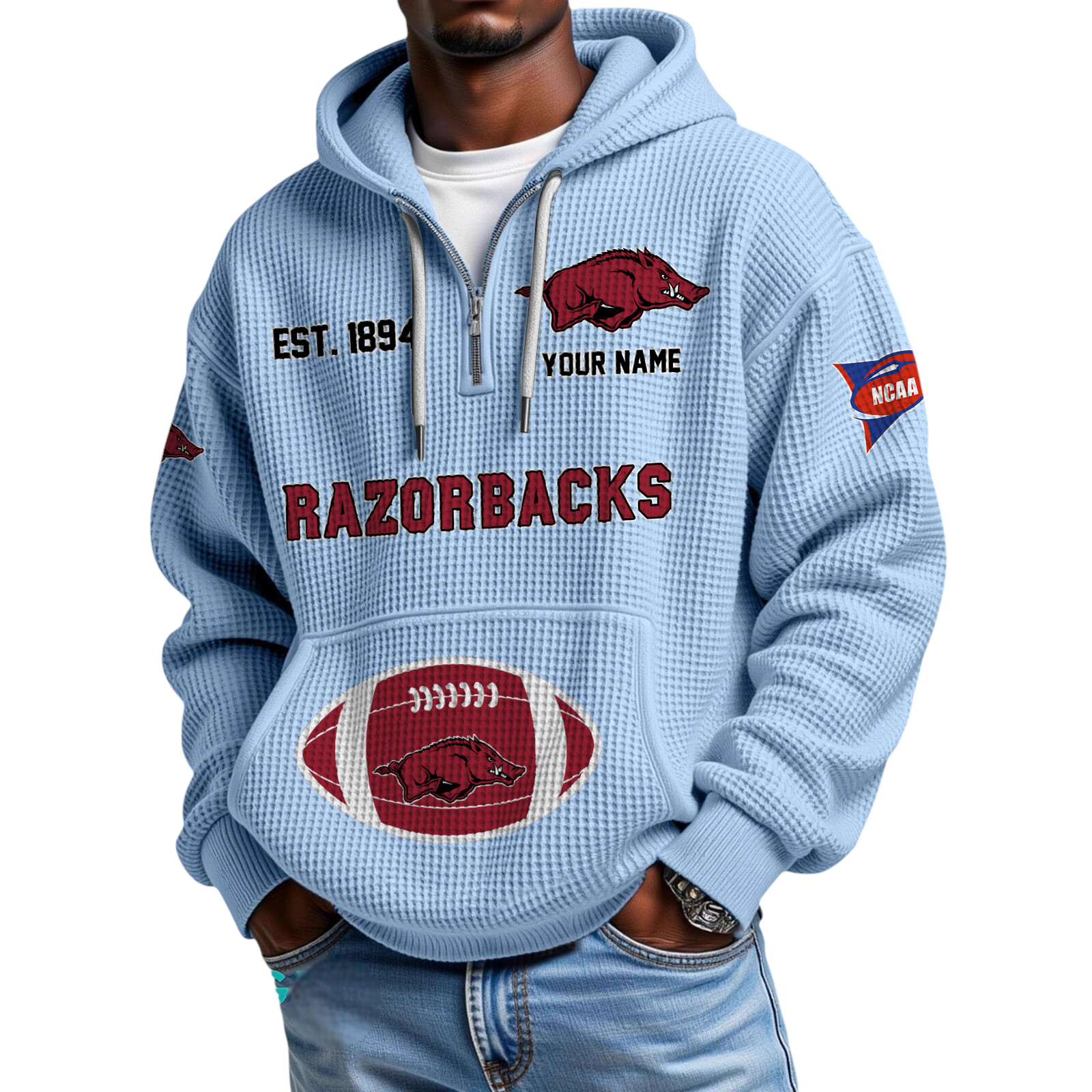 Razorbacks Blue Arkansas Razorbacks Quarter-Zip Waffle Knit Hoodie Custom Your Name ...