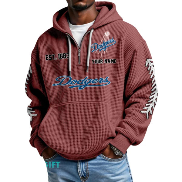 Los Angeles Dodgers Quarter-Zip Waffle Knit Hoodie Personalize Name
