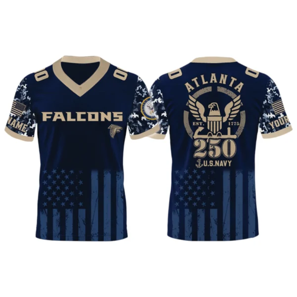 Atlanta Falcons US Navy 250th Birthday V-Neck Short Sleeve Jersey 3D Limited 2026 Custom Name