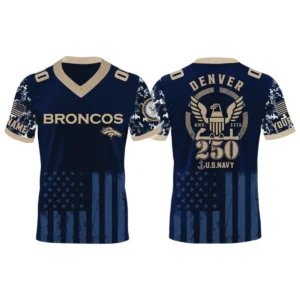 Denver Broncos US Navy 250th Birthday V-Neck Short Sleeve Jersey 3D Limited 2026 Custom Name