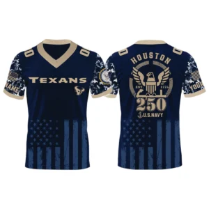 Houston Texans US Navy 250th Birthday V-Neck Short Sleeve Jersey 3D Limited 2026 Custom Name