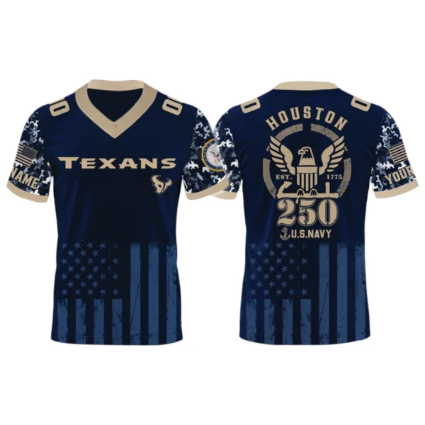 Houston Texans US Navy 250th Birthday V-Neck Short Sleeve Jersey 3D Limited 2026 Custom Name