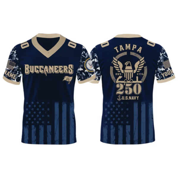 Tampa Bay Buccaneers US Navy 250th Birthday V-Neck Short Sleeve Jersey 3D Limited 2026 Custom Name