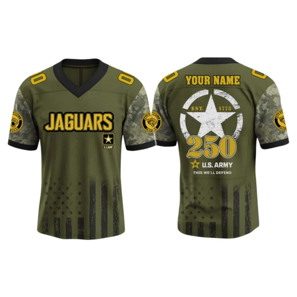 Jacksonville Jaguars x US Army 250th Birthday V-Neck Short Sleeve Jersey 3D Limited 2026 Custom Name & Number