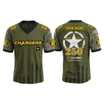 Los Angeles Chargers x US Army 250th Birthday V-Neck Short Sleeve Jersey 3D Limited 2026 Custom Name & Number