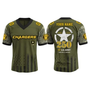 Los Angeles Chargers x US Army 250th Birthday V-Neck Short Sleeve Jersey 3D Limited 2026 Custom Name & Number