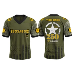 Tampa Bay Buccaneers x US Army 250th Birthday V-Neck Short Sleeve Jersey 3D Limited 2026 Custom Name & Number