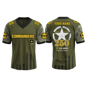 Washington Commanders x US Army 250th Birthday V-Neck Short Sleeve Jersey 3D Limited 2026 Custom Name & Number