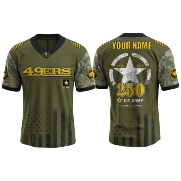 San Francisco 49ers x US Army 250th Birthday V-Neck Short Sleeve Jersey 3D Limited 2026 Custom Name