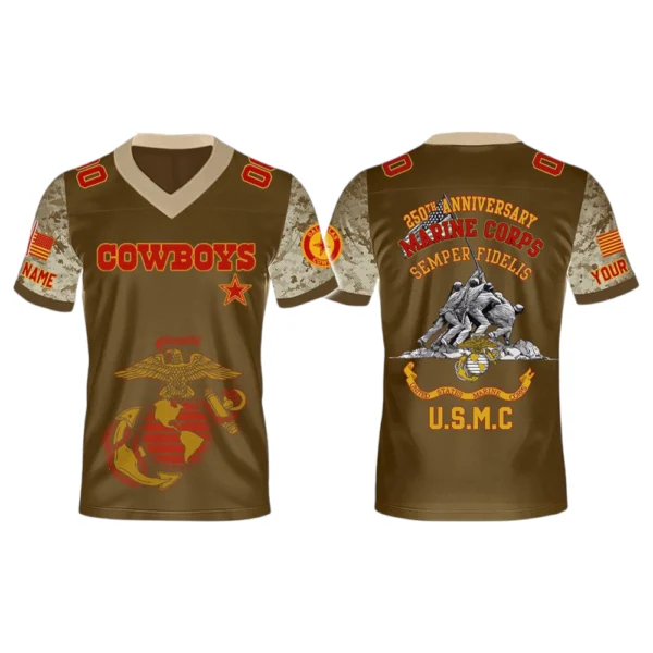 Dallas Cowboys x USMC 250th Birthday Celebration V-Neck Short Sleeve Jersey 3D Limited 2026 Custom Name & Number