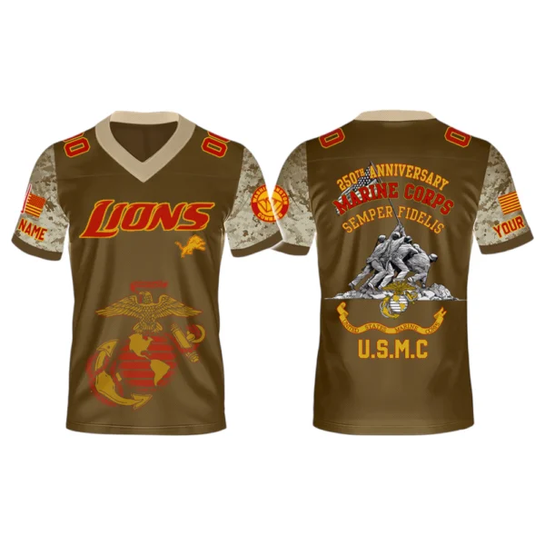 Detroit Lions x USMC 250th Birthday Celebration V-Neck Short Sleeve Jersey 3D Limited 2026 Custom Name & Number