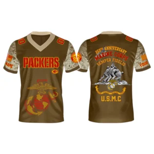 Green Bay Packers x USMC 250th Birthday Celebration V-Neck Short Sleeve Jersey 3D Limited 2026 Custom Name & Number