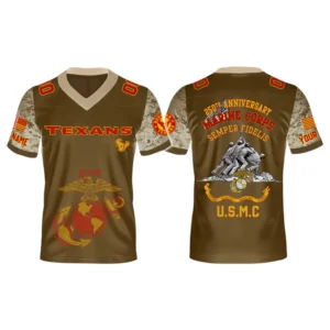 Houston Texans x USMC 250th Birthday Celebration V-Neck Short Sleeve Jersey 3D Limited 2026 Custom Name & Number