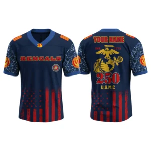 Cincinnati Bengals x US USMC 250th Birthday V-Neck Short Sleeve Jersey 3D Limited 2026 Custom Name