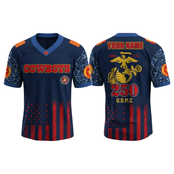 Dallas Cowboys x US USMC 250th Birthday V-Neck Short Sleeve Jersey 3D Limited 2026 Custom Name