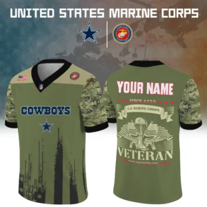 Dallas Cowboys x US Marine Corps 250th Anniversary V-Neck Short Sleeve Jersey 3D Limited 2026 Custom Your Name