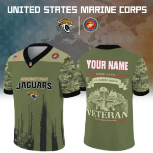 Jacksonville Jaguars x US Marine Corps 250th Anniversary V-Neck Short Sleeve Jersey 3D Limited 2026 Custom Your Name