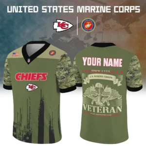 Kansas City Chiefs x US Marine Corps 250th Anniversary V-Neck Short Sleeve Jersey 3D Limited 2026 Custom Your Name
