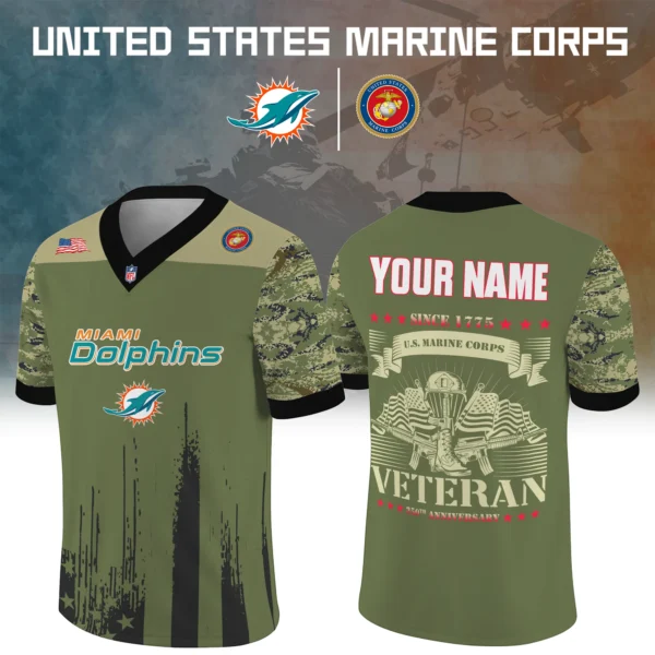 Miami Dolphins x US Marine Corps 250th Anniversary V-Neck Short Sleeve Jersey 3D Limited 2026 Custom Your Name