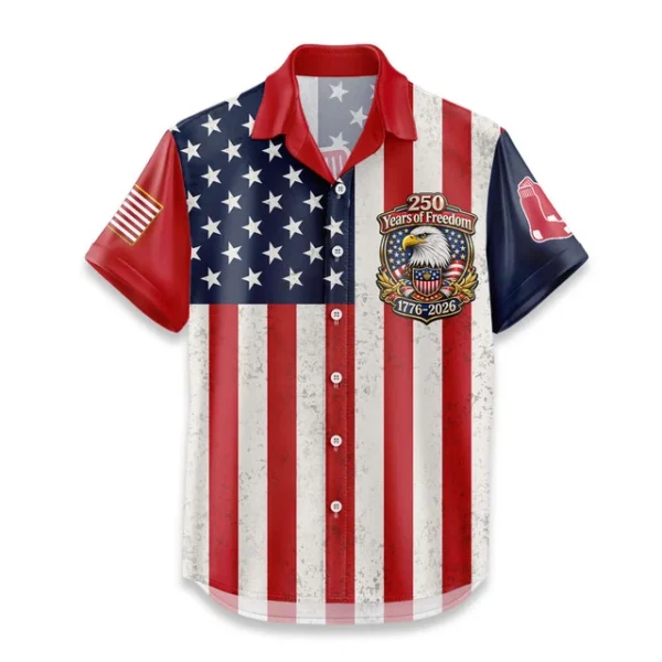 Boston Red Sox Hawaiian Shirt 250 Years of Freedom Anniversary 1776-2026 USA Flag Premium Crinkle Textured
