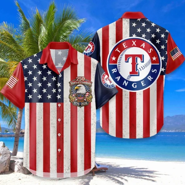 Texas Rangers Hawaiian Shirt 250 Years of Freedom Anniversary 1776-2026 USA Flag Premium Crinkle Textured
