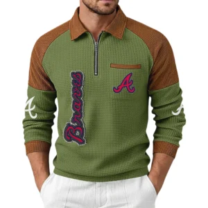 Atlanta Braves Men's Waffle Knit Contrast Color Half Zip Pullover