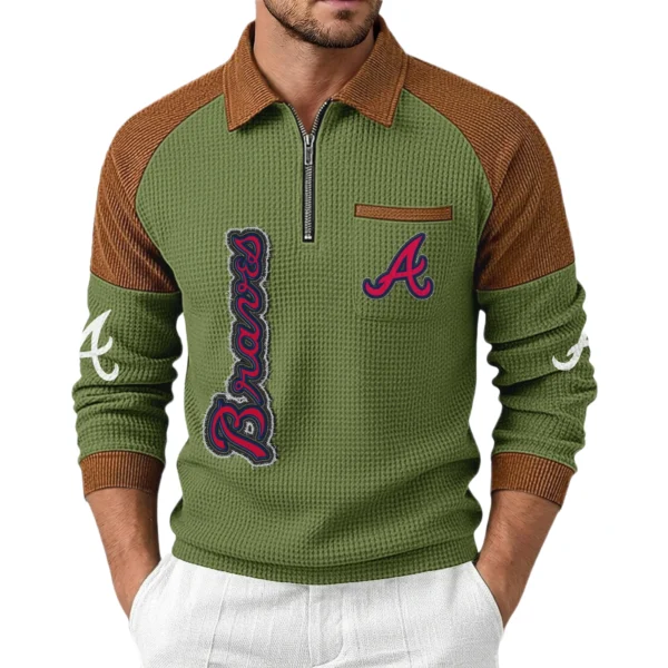 Atlanta Braves Men's Waffle Knit Contrast Color Half Zip Pullover