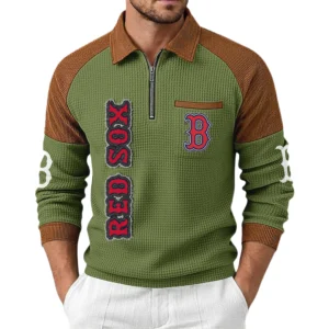 Boston Red Sox Men's Waffle Knit Contrast Color Half Zip Pullover