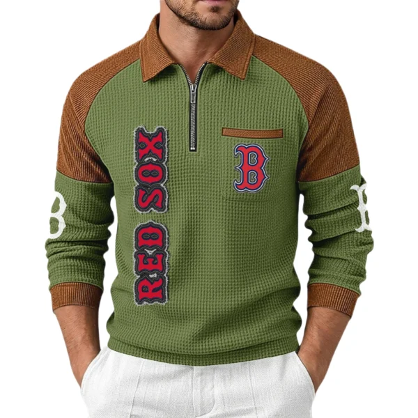 Boston Red Sox Men's Waffle Knit Contrast Color Half Zip Pullover