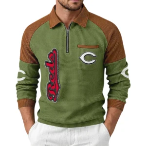 Cincinnati Reds Men's Waffle Knit Contrast Color Half Zip Pullover