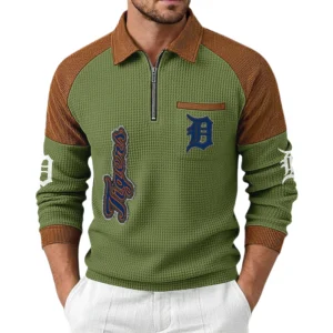 Detroit Tigers Men's Waffle Knit Contrast Color Half Zip Pullover