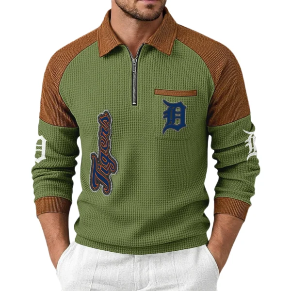 Detroit Tigers Men's Waffle Knit Contrast Color Half Zip Pullover