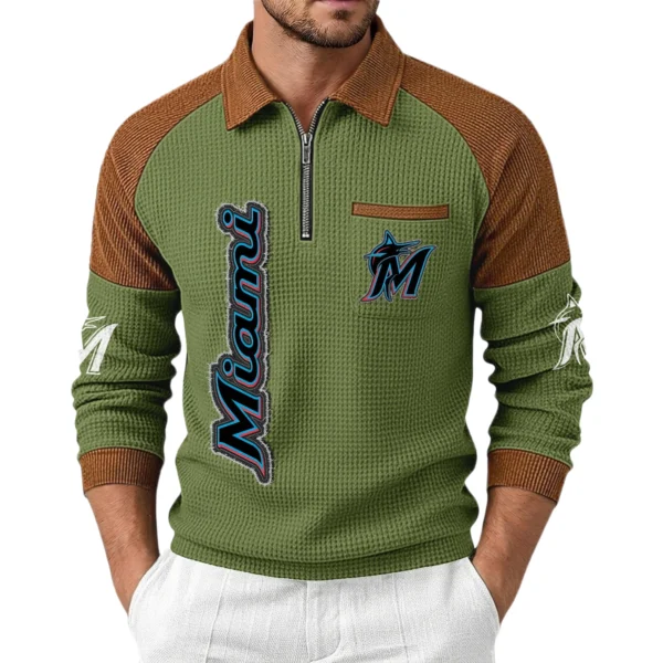 Miami Marlins Men's Waffle Knit Contrast Color Half Zip Pullover