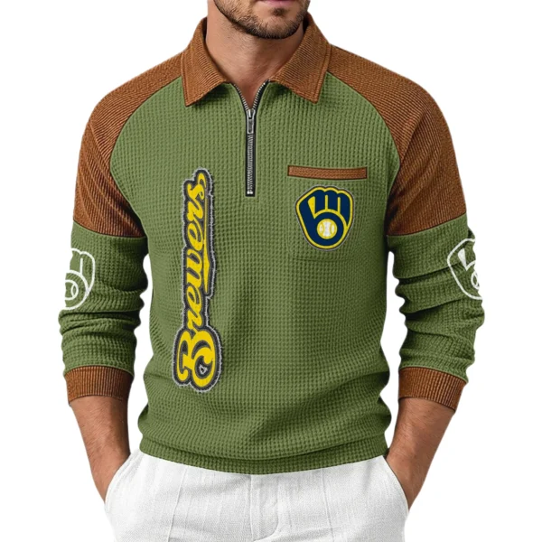 Milwaukee Brewers Men's Waffle Knit Contrast Color Half Zip Pullover