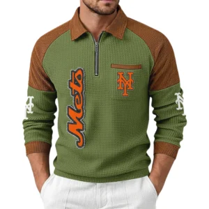New York Mets Men's Waffle Knit Contrast Color Half Zip Pullover
