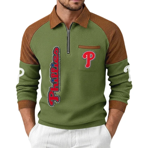 Philadelphia Phillies Men's Waffle Knit Contrast Color Half Zip Pullover