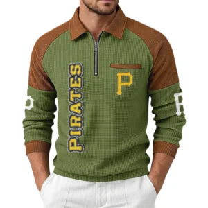 Pittsburgh Pirates Men's Waffle Knit Contrast Color Half Zip Pullover