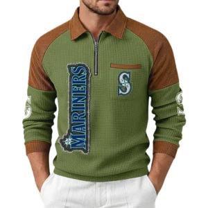 Seattle Mariners Men's Waffle Knit Contrast Color Half Zip Pullover