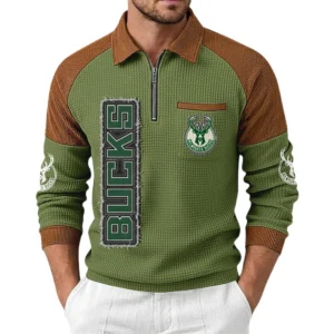Milwaukee Bucks Men's Waffle Knit Contrast Color Half Zip Pullover