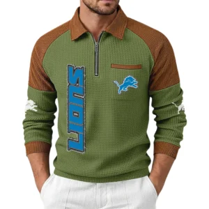 Detroit Lions Men's Waffle Knit Contrast Color Half Zip Pullover