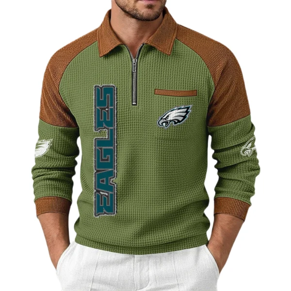 Philadelphia Eagles Men's Waffle Knit Contrast Color Half Zip Pullover