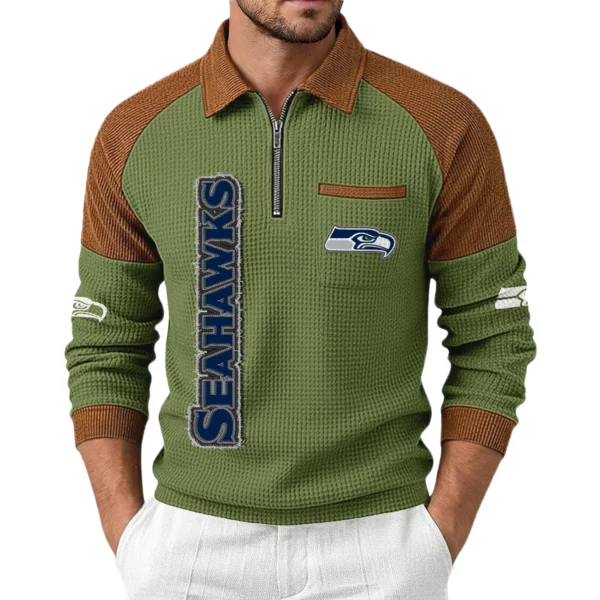 Seattle Seahawks Men's Waffle Knit Contrast Color Half Zip Pullover