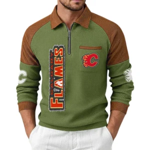 Calgary Flames Men's Waffle Knit Contrast Color Half Zip Pullover