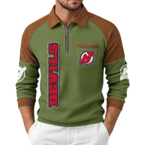 New Jersey Devils Men's Waffle Knit Contrast Color Half Zip Pullover
