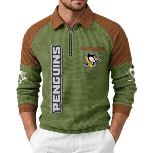 Pittsburgh Penguins Men's Waffle Knit Contrast Color Half Zip Pullover